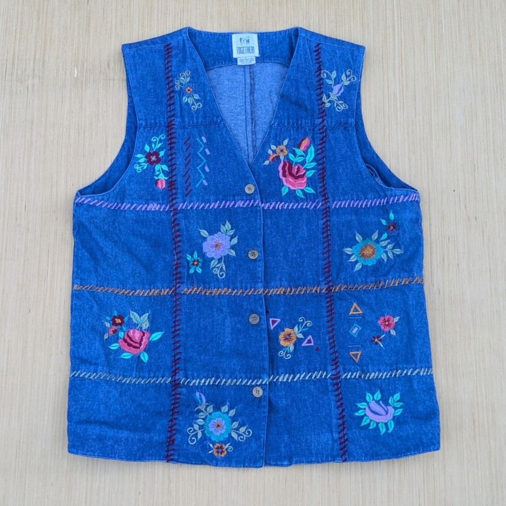 Vintage Together! Vest 90's Denim Cotton Embroidered Floral Cottage Women Large